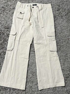Y2K NEW Low Rise Tan Baggy Cargo Moda International Flare Cargo Pants Size 12